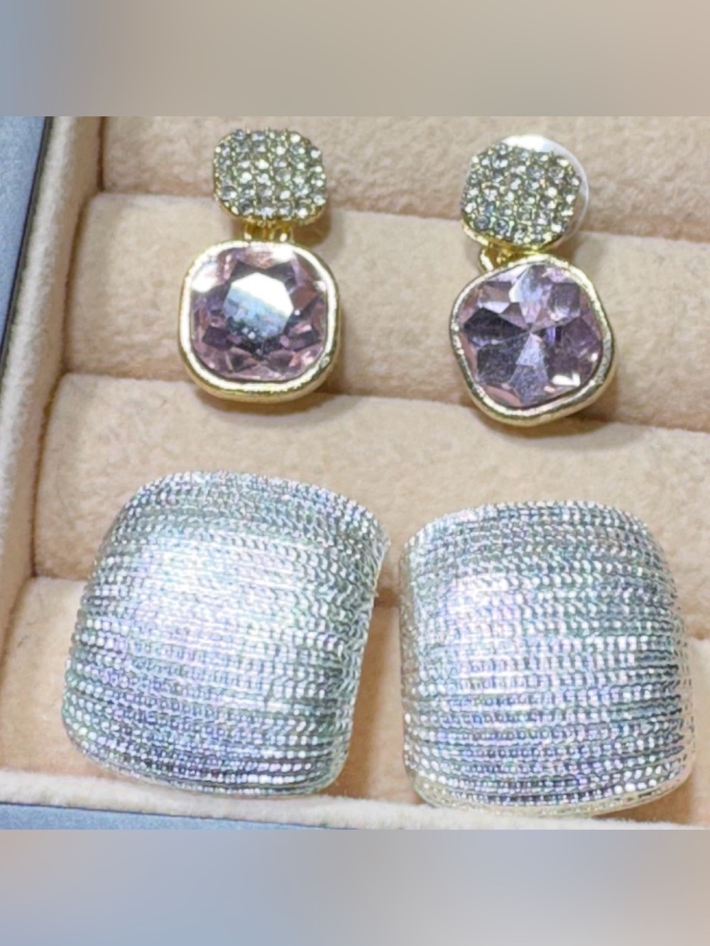 Set of 2 Pairs Silver-Tone Domed Statement Stud Earrings Pavé Crystals Lot